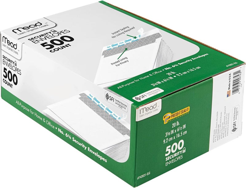 Mead #6-3/4 Envelopes, 3-5/8" x 6-1/2", Security Printed Lining for Privacy, Press-It Seal-It Self Adhesive Closure, White All-Purpose 20-lb Paper Mailing Envelopes, 500 Count (742021) - Image 1